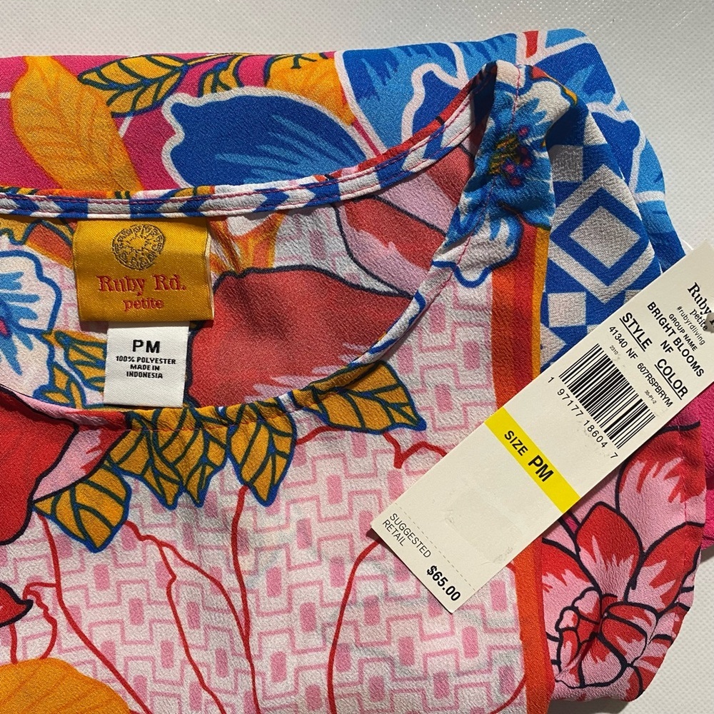 NEW Petite SIze PM Ruby Rd. Bright Blooms 3/4 Sleeve Floral Geo Print Blouse $65 - Picture 11 of 11